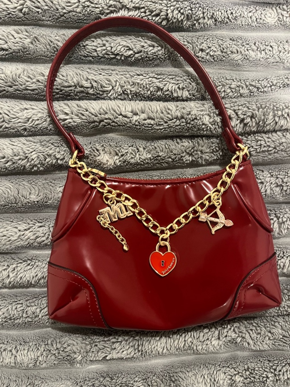 Juicy Couture Red Patent Shoulder Bag with Gold Charm Chain